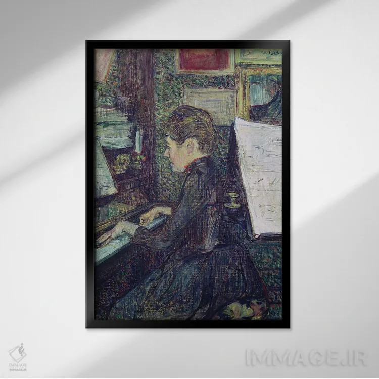تابلو 1890,دوشیزه دیهو کنار پیانو، ۱۸۹۰ اثر آنری دو تولوز-لوترک - نمای قابدار مشکی