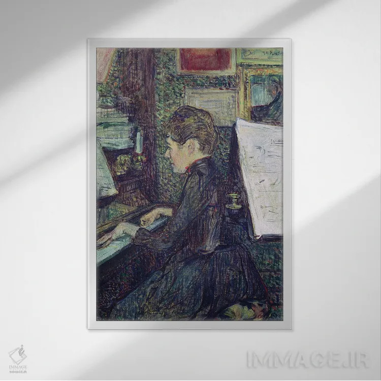 تابلو 1890,دوشیزه دیهو کنار پیانو، ۱۸۹۰ اثر آنری دو تولوز-لوترک - نمای قابدار سفید