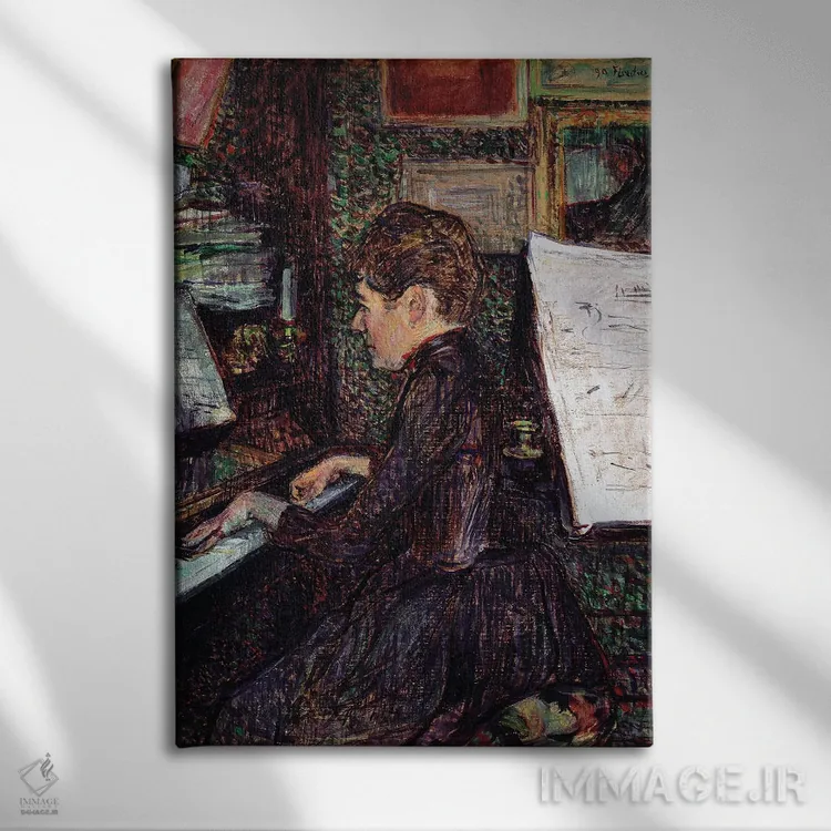 تابلو 1890,خانم دیهو کنار پیانو، ۱۸۹۰ اثر آنری دو تولوز-لوترک - نمای روبهرو روی دیوار