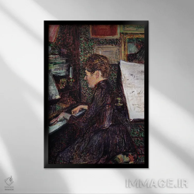 تابلو 1890,خانم دیهو کنار پیانو، ۱۸۹۰ اثر آنری دو تولوز-لوترک - نمای قابدار مشکی