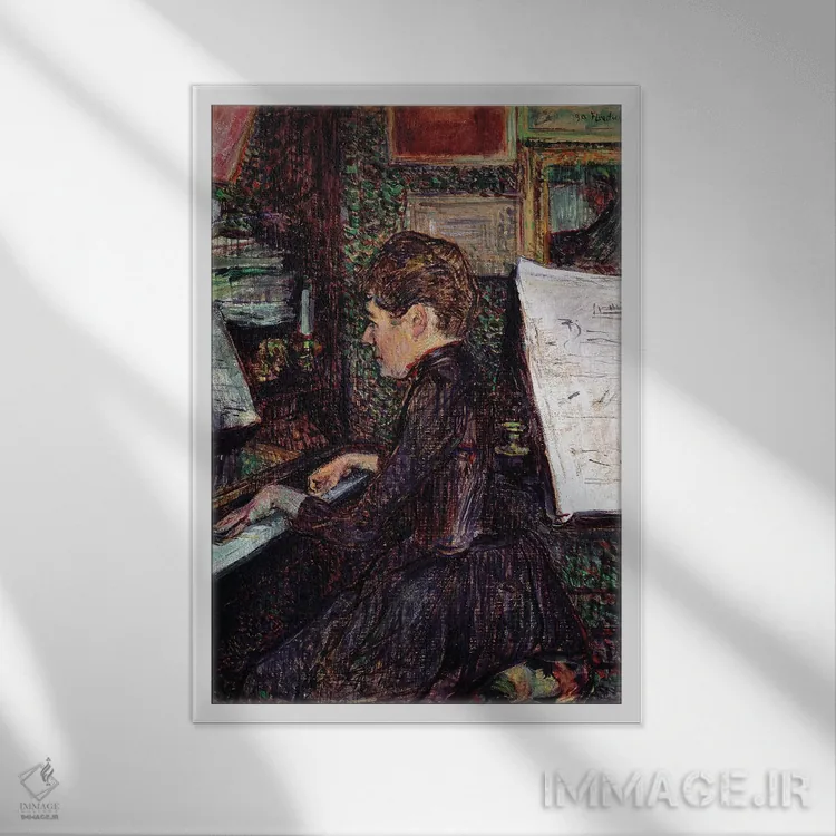 تابلو 1890,خانم دیهو کنار پیانو، ۱۸۹۰ اثر آنری دو تولوز-لوترک - نمای قابدار سفید