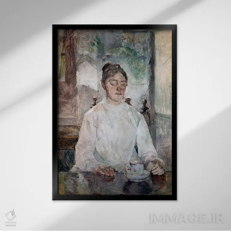 تابلو Countess Adele de Toulouse Lautrec, Having Breakfast At The Chateau de Malrome, 1881-83,مادر هنرمند، کنتس آدل دو تولوز-لوتراک، در حال صبحانه در قلعه مالروم، ۱۸۸۱–۸۳ اثر آنری دو تولوز-لوترک - نمای قابدار مشکی