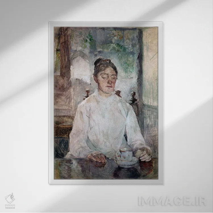 تابلو Countess Adele de Toulouse Lautrec, Having Breakfast At The Chateau de Malrome, 1881-83,مادر هنرمند، کنتس آدل دو تولوز-لوتراک، در حال صبحانه در قلعه مالروم، ۱۸۸۱–۸۳ اثر آنری دو تولوز-لوترک - نمای قابدار سفید