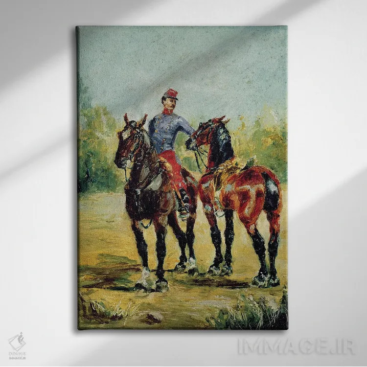 تابلو 1880,دو اسب و یک اسبدار، ۱۸۸۰ اثر آنری دو تولوز-لوترک - نمای روبهرو روی دیوار