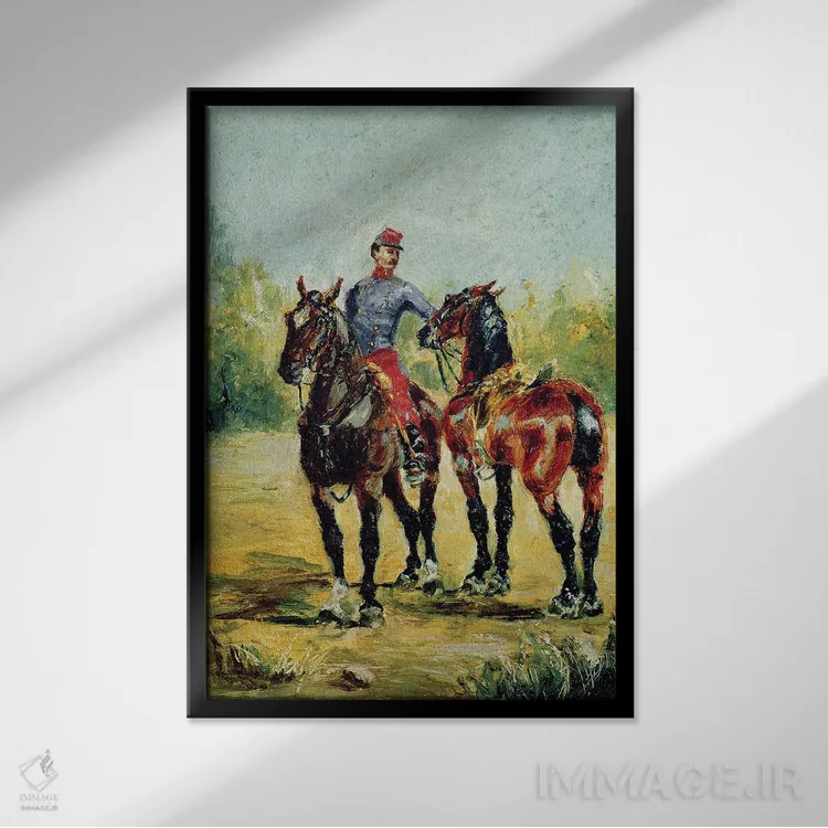 تابلو 1880,دو اسب و یک اسبدار، ۱۸۸۰ اثر آنری دو تولوز-لوترک - نمای قابدار مشکی