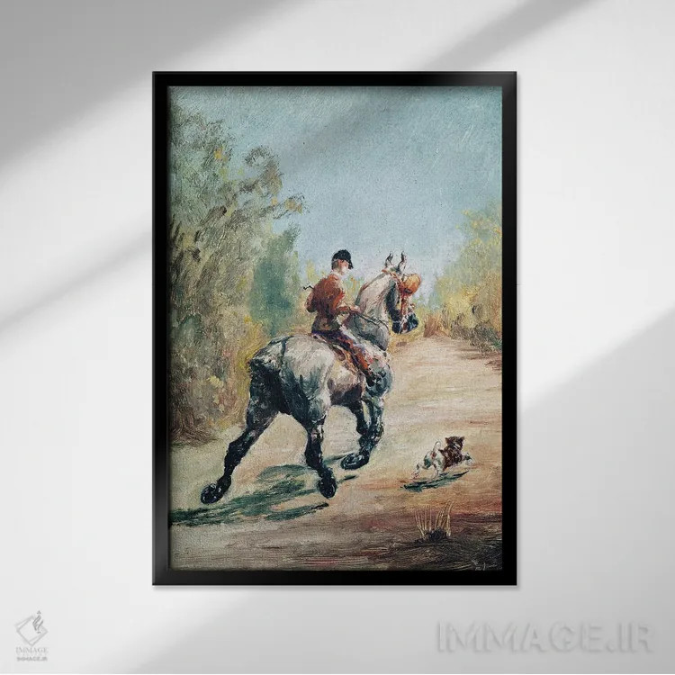 تابلو 1879,سوارکار چهارنعل با سگ کوچک، ۱۸۷۹ اثر آنری دو تولوز-لوترک - نمای قابدار مشکی
