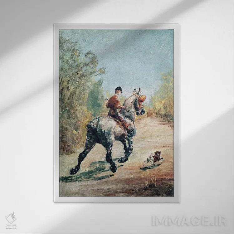 تابلو 1879,سوارکار چهارنعل با سگ کوچک، ۱۸۷۹ اثر آنری دو تولوز-لوترک - نمای قابدار سفید