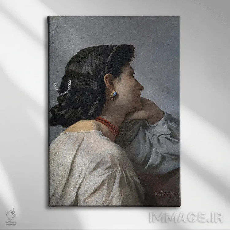 تابلو "ایفیژنی" سر یک زن، ۱۸۷۰ اثر انسلْم فوئرباخ (نقاش آلمانی) - نمای روبهرو روی دیوار