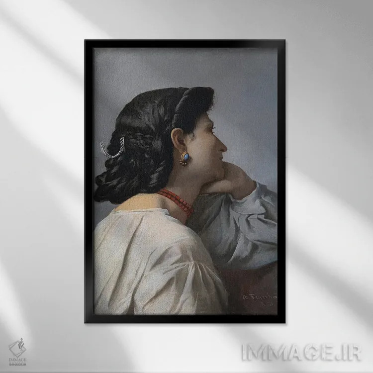 تابلو "ایفیژنی" سر یک زن، ۱۸۷۰ اثر انسلْم فوئرباخ (نقاش آلمانی) - نمای قابدار مشکی