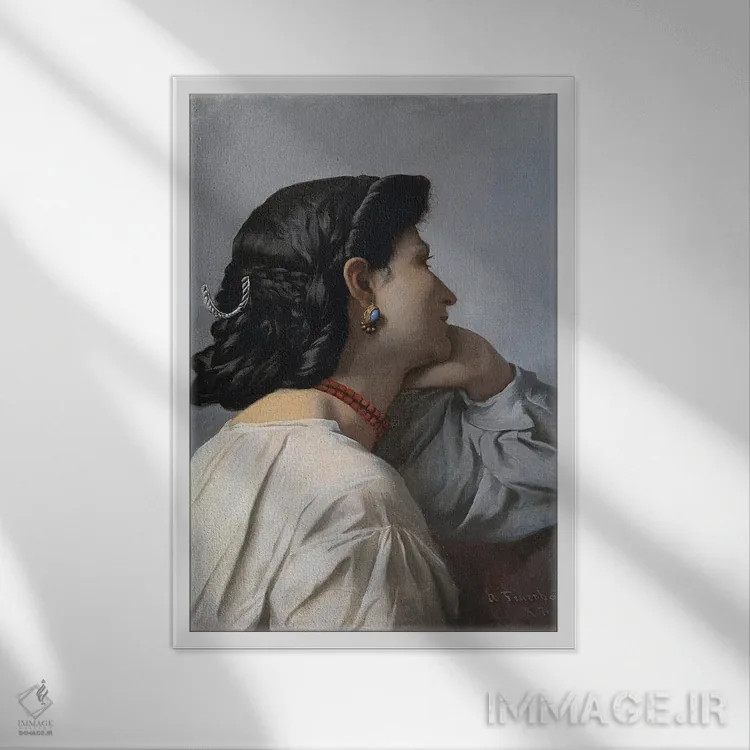تابلو "ایفیژنی" سر یک زن، ۱۸۷۰ اثر انسلْم فوئرباخ (نقاش آلمانی) - نمای قابدار سفید