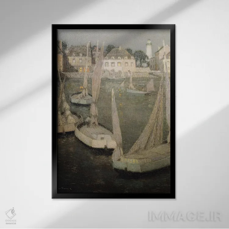 تابلو بندر برتون در مهتاب (فرانسه) اثر آنری اوژن اوگوستین لو سیدانر - نمای قابدار مشکی