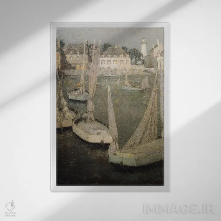 تابلو بندر برتون در مهتاب (فرانسه) اثر آنری اوژن اوگوستین لو سیدانر - نمای قابدار سفید