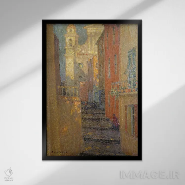 تابلو خیابان کلیسا (فرانسه) اثر آنری اوژن اوگوستین لو سیدانر - نمای قابدار مشکی