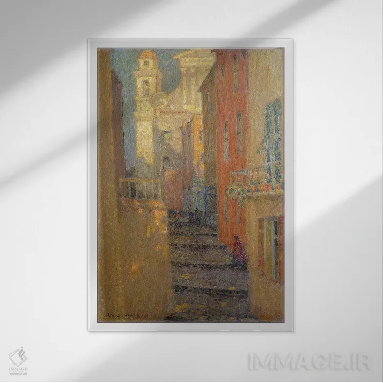 تابلو خیابان کلیسا (فرانسه) اثر آنری اوژن اوگوستین لو سیدانر - نمای قابدار سفید