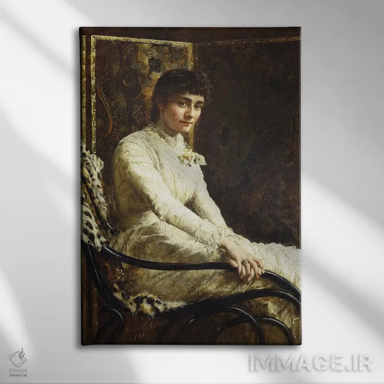تابلو 1880,پرترهٔ همسر هنرمند، ماریان هاکسلی، در لباس عروس، ۱۸۸۰ اثر جان کالیر - نمای روبهرو روی دیوار