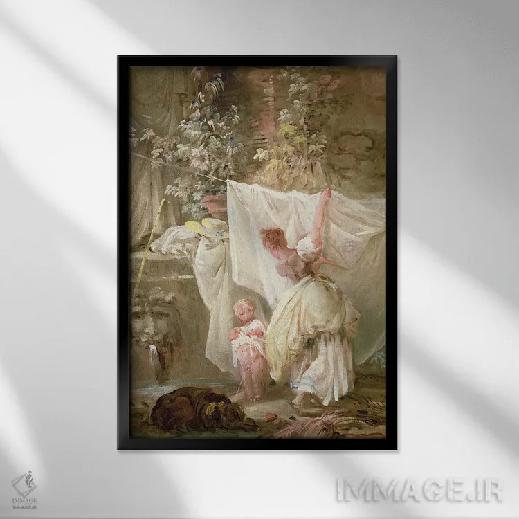 تابلو زن رختشو و کودک، ۱۷۶۱ اثر هوبرت روبر - نمای قابدار مشکی