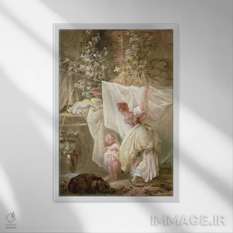 تابلو زن رختشو و کودک، ۱۷۶۱ اثر هوبرت روبر - نمای قابدار سفید