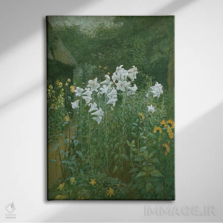 تابلو سوسن مریم در باغ اثر والتر کرین - نمای روبهرو روی دیوار