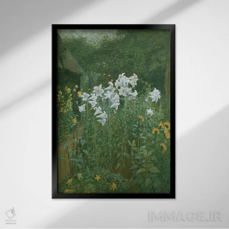 تابلو سوسن مریم در باغ اثر والتر کرین - نمای قابدار مشکی