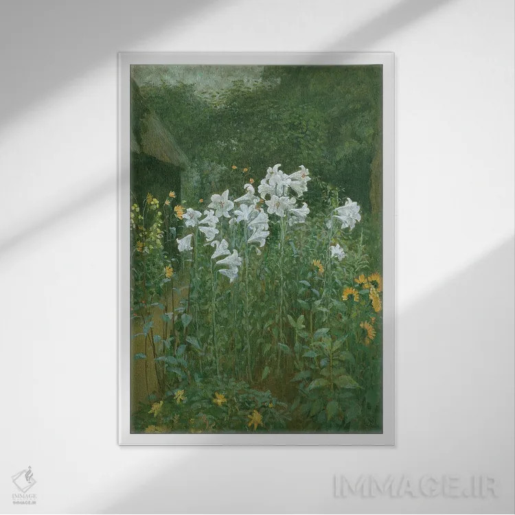 تابلو سوسن مریم در باغ اثر والتر کرین - نمای قابدار سفید