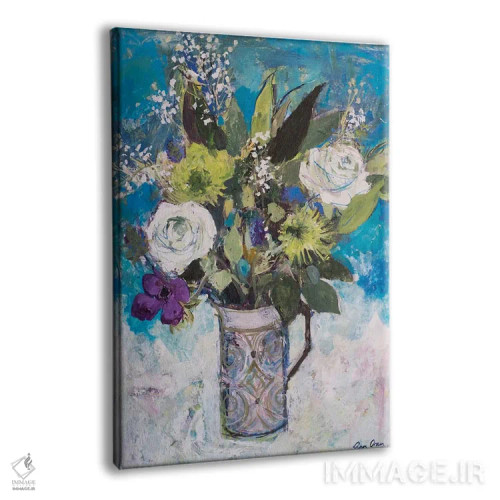 تابلو کوزه با گلهای رز سفید و سایر گلها اثر آن اورام - نمای پرسپکتیو محصول