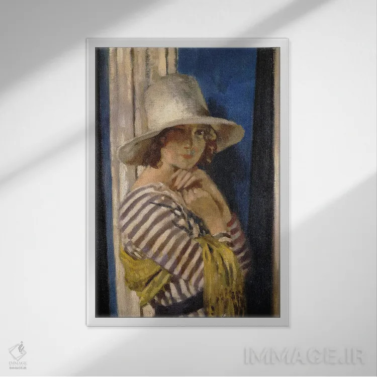 تابلو C.1912,خانم هان با لباس راهراه، حدود ۱۹۱۲ اثر سر ویلیام اورپن (نقاش ایرلندی) - نمای قابدار سفید