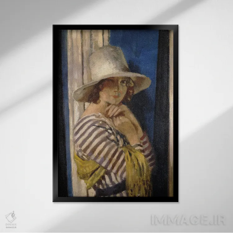 تابلو C.1912,خانم هان با لباس راهراه، حدود ۱۹۱۲ اثر سر ویلیام اورپن (نقاش ایرلندی) - نمای قابدار مشکی