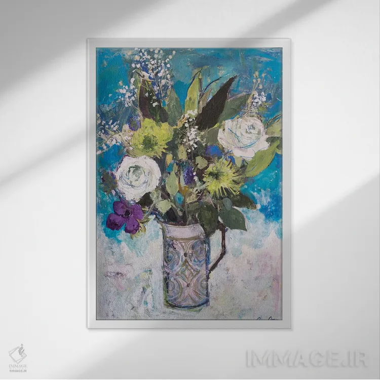 تابلو کوزه با گلهای رز سفید و سایر گلها اثر آن اورام - نمای قابدار سفید