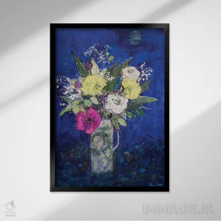 تابلو Deep Blue Ground,گلهای نیمهشب با زمینهٔ آبی تیره اثر آن اورام - نمای قابدار مشکی