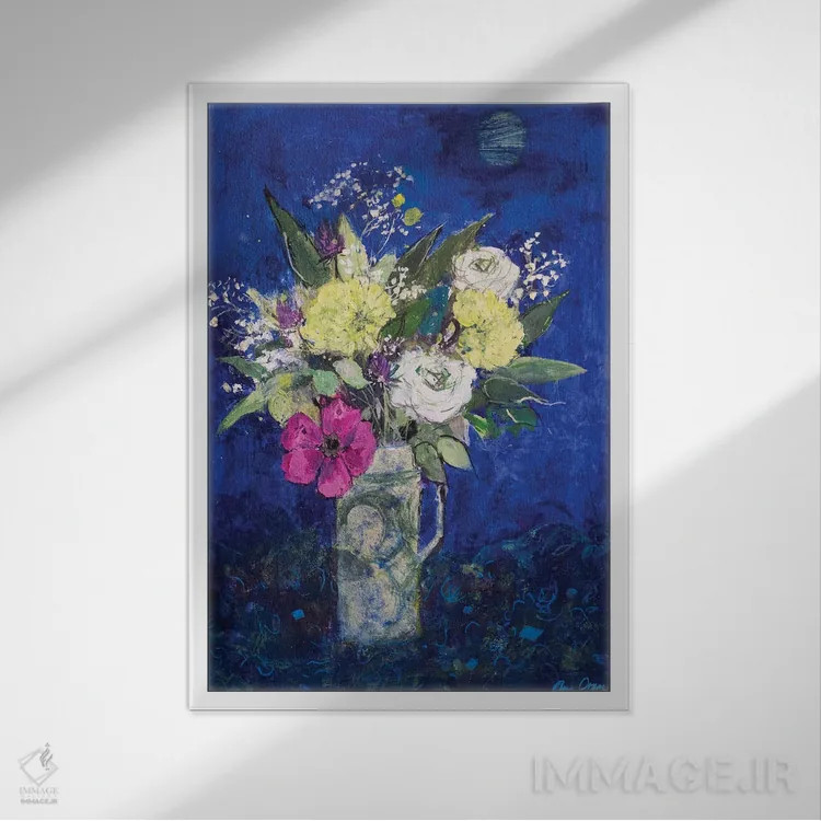 تابلو Deep Blue Ground,گلهای نیمهشب با زمینهٔ آبی تیره اثر آن اورام - نمای قابدار سفید