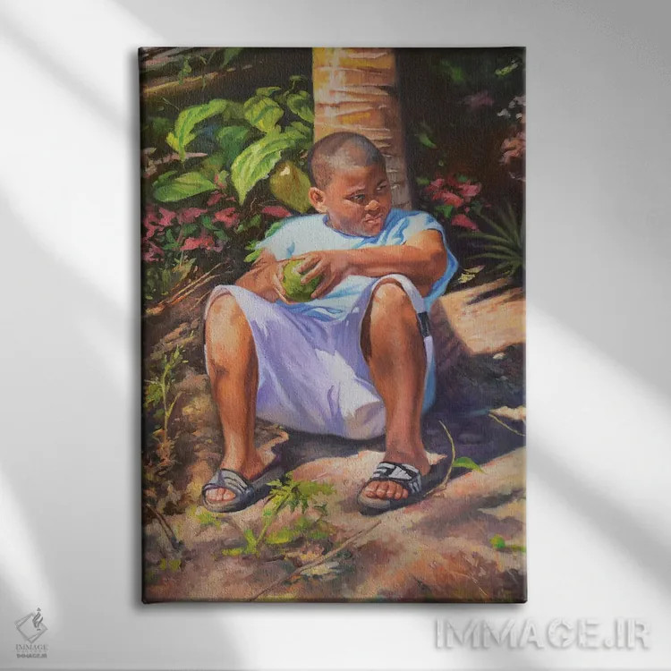 تابلو پسر، ساپوتا، نارگیل، ۲۰۱۹ اثر کالین بوتمن - نمای روبهرو روی دیوار