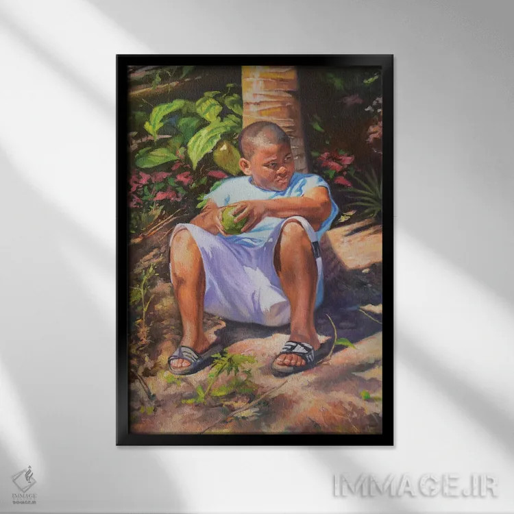 تابلو پسر، ساپوتا، نارگیل، ۲۰۱۹ اثر کالین بوتمن - نمای قابدار مشکی