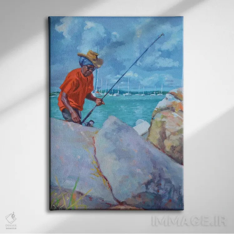 تابلو ماهیگیر با لباس قرمز، ۲۰۱۹ اثر کالین بوتمن - نمای روبهرو روی دیوار