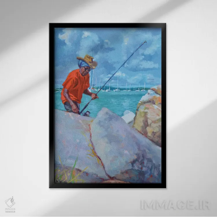 تابلو ماهیگیر با لباس قرمز، ۲۰۱۹ اثر کالین بوتمن - نمای قابدار مشکی