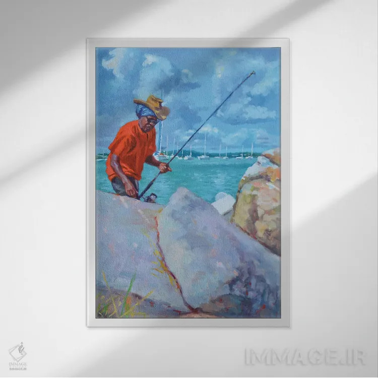 تابلو ماهیگیر با لباس قرمز، ۲۰۱۹ اثر کالین بوتمن - نمای قابدار سفید