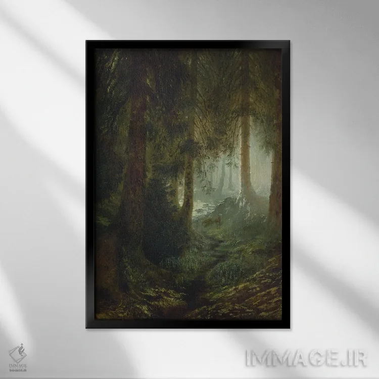 تابلو گوزن در منظرهٔ جنگل، ۱۸۷۰ اثر گوستاو دوره - نمای قابدار مشکی