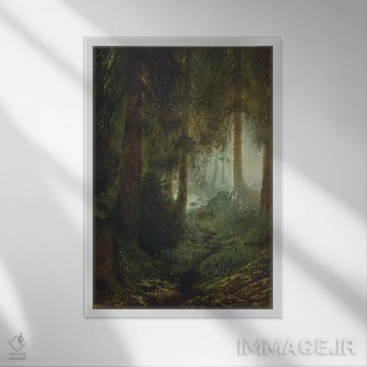 تابلو گوزن در منظرهٔ جنگل، ۱۸۷۰ اثر گوستاو دوره - نمای قابدار سفید