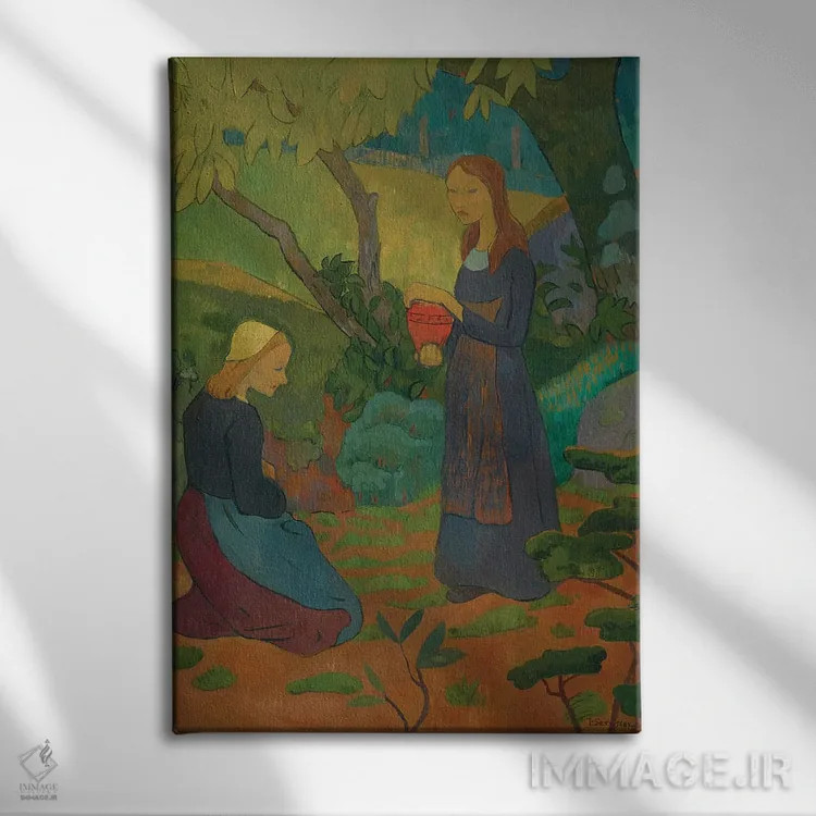 تابلو دختر جوان بریتانیایی با ظرف لاکی و دخترک زانو زده، ۱۸۹۲ اثر پل سروریر - نمای روبهرو روی دیوار