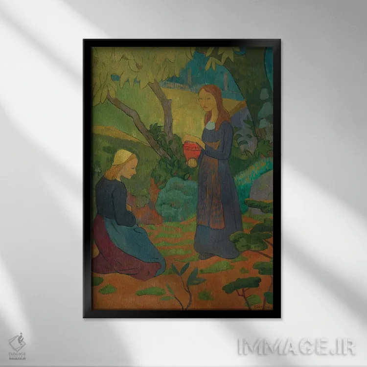 تابلو دختر جوان بریتانیایی با ظرف لاکی و دخترک زانو زده، ۱۸۹۲ اثر پل سروریر - نمای قابدار مشکی