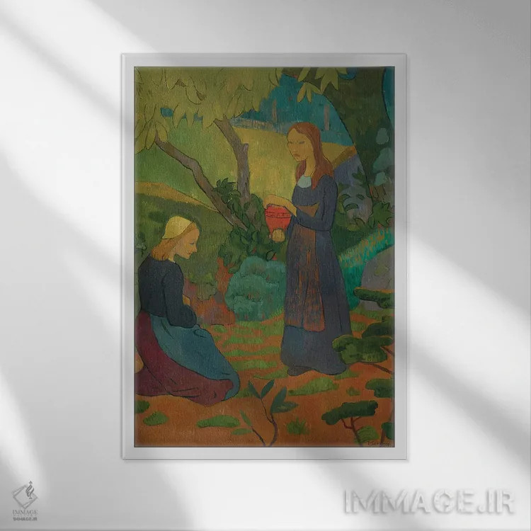 تابلو دختر جوان بریتانیایی با ظرف لاکی و دخترک زانو زده، ۱۸۹۲ اثر پل سروریر - نمای قابدار سفید