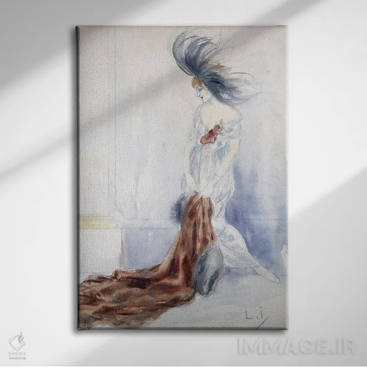 تابلو بانوی شیک با کلاه پردار و پالتوی خز اثر لوئیس ایکارت - نمای روبهرو روی دیوار