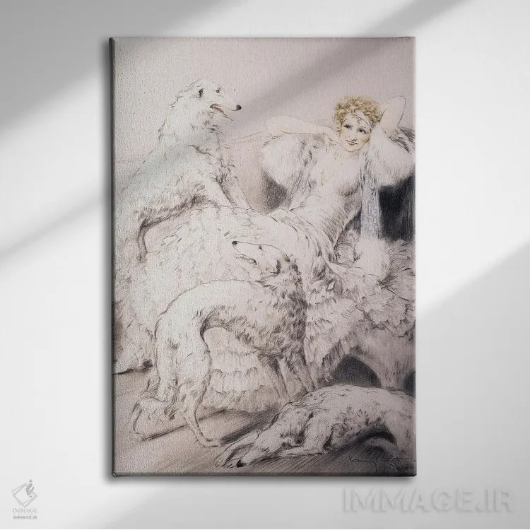 تابلو دختر با سگ بورزوی همراه اثر لوئیس ایکارت - نمای روبهرو روی دیوار