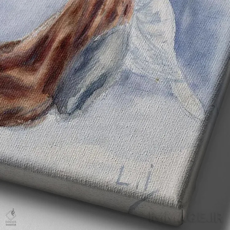 تابلو بانوی شیک با کلاه پردار و پالتوی خز اثر لوئیس ایکارت - نمای نزدیک بافت بوم