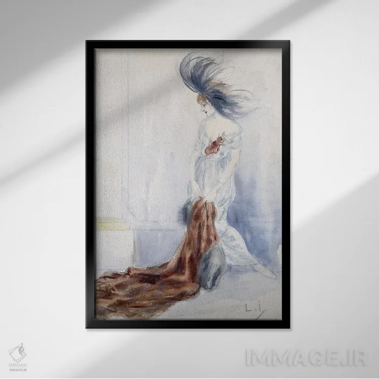 تابلو بانوی شیک با کلاه پردار و پالتوی خز اثر لوئیس ایکارت - نمای قابدار مشکی