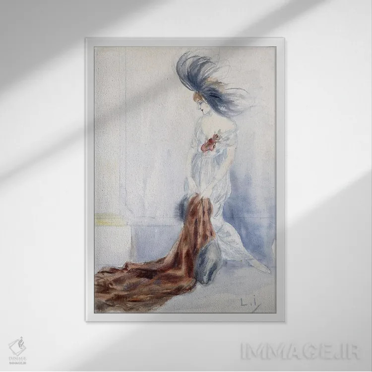 تابلو بانوی شیک با کلاه پردار و پالتوی خز اثر لوئیس ایکارت - نمای قابدار سفید