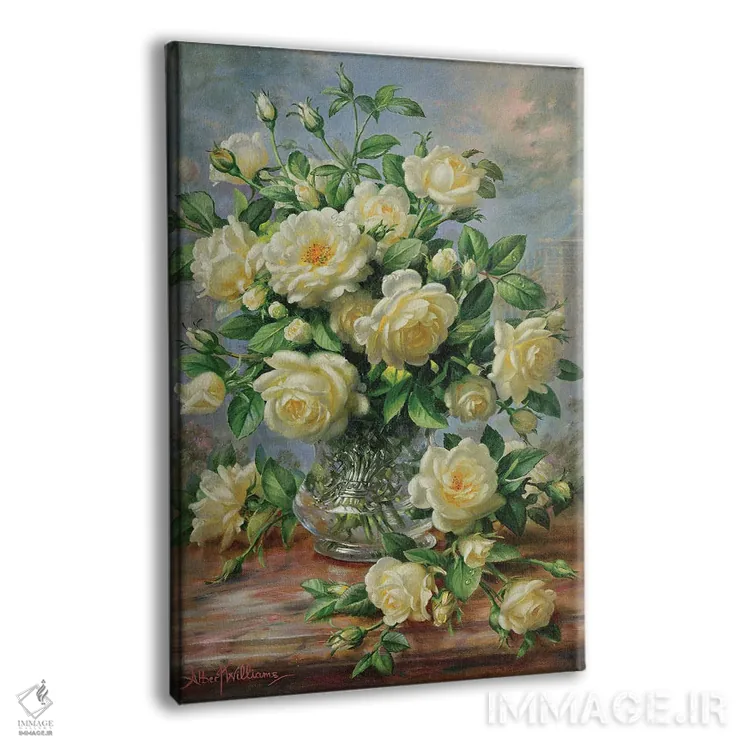 تابلو گلهای رز پرنسس دایانا در گلدان شیشهای تراشخورده اثر آلبرت ویلیامز - نمای پرسپکتیو محصول