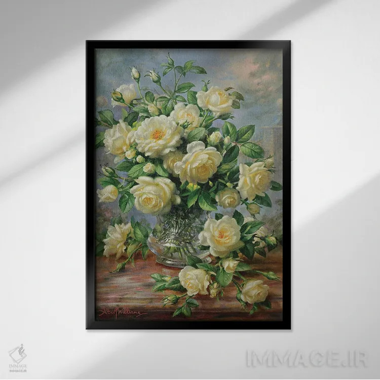 تابلو گلهای رز پرنسس دایانا در گلدان شیشهای تراشخورده اثر آلبرت ویلیامز - نمای قابدار مشکی