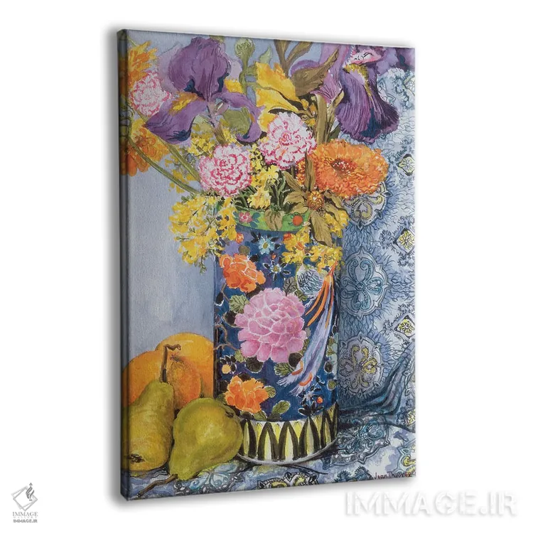 تابلو گل زنبق و صورتیها در گلدان ژاپنی با گلابی اثر ژوان توسی - نمای پرسپکتیو محصول