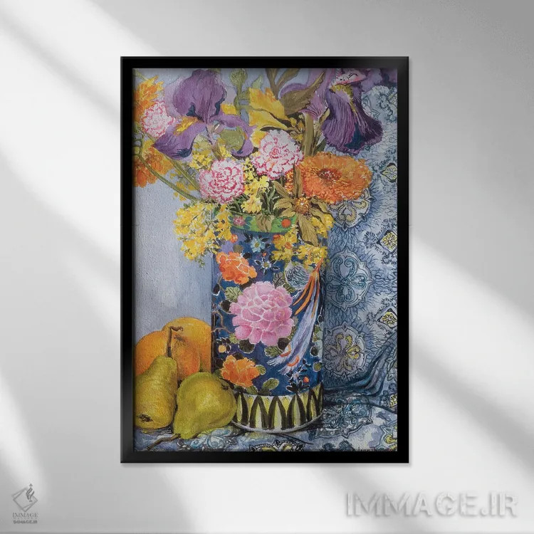 تابلو گل زنبق و صورتیها در گلدان ژاپنی با گلابی اثر ژوان توسی - نمای قابدار مشکی