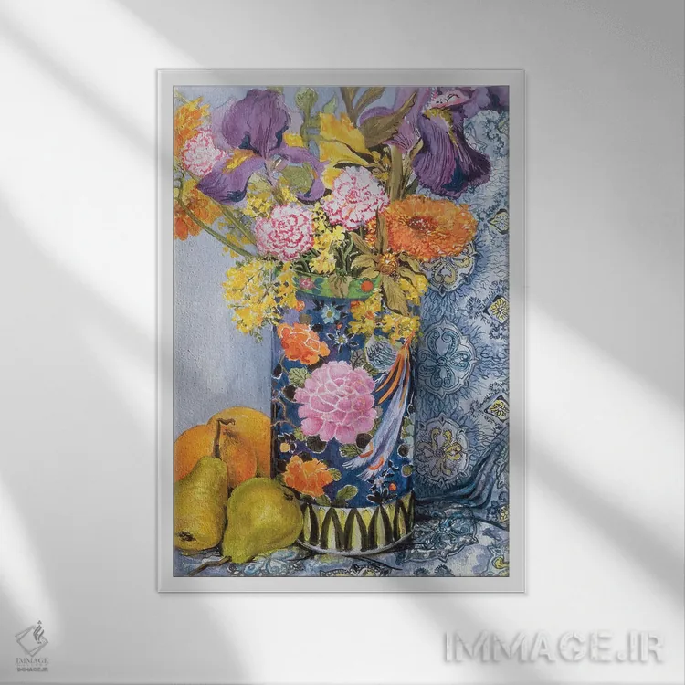 تابلو گل زنبق و صورتیها در گلدان ژاپنی با گلابی اثر ژوان توسی - نمای قابدار سفید